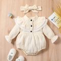 100% Cotton Crepe 2pcs Baby Girl Solid Ruffle Lace Long-sleeve Romper with Headband Set Beige