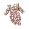 Ribbed All Over Floral Print Ruffle Long-sleeve Baby Jumpsuit Pale Yellow