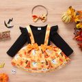 Baby 3pcs Black Ribbed Long-sleeve Romper and Halloween Print Suspender Skirt Set Black