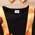 Baby 3pcs Black Ribbed Long-sleeve Romper and Halloween Print Suspender Skirt Set Black