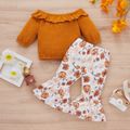 2pcs Baby Letter Print Off Shoulder Long-sleeve Top and Floral Print Bell Bottom Pants Set Ginger