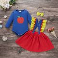 3pcs Baby Fruit Apple Print Long-sleeve Romper and Colorblock Ruffle Pom Poms Suspender Skirt Set Lavender