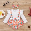 2-piece Baby Girl Ruffled Bowknot Watermelon Print Long-sleeve Faux-two Romper and Headband Set White