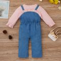 2pcs Baby Girl Pink Waffle Long-sleeve Top and Ruffle Overalls Set Pink