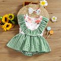 2pcs Baby Girl Floral Print Splicing Plaid Ruffle Sleeveless Romper Dress with Headband Set Green