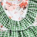 2pcs Baby Girl Floral Print Splicing Plaid Ruffle Sleeveless Romper Dress with Headband Set Green image 5
