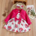 2pcs Baby Girl Frill Ribbed Splicing Floral Print Faux-two Long-sleeve Dress with Headband Set Light Pink