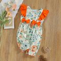 Baby Girl All Over Floral Print Sleeveless Button Up Ruffle Bowknot Romper Orange