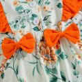 Baby Girl All Over Floral Print Sleeveless Button Up Ruffle Bowknot Romper Orange