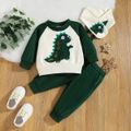 3pcs Baby Boy Cartoon Dinosaur Embroidered Raglan-sleeve Sweatshirt and Trousers with Scarf Set Dark Green