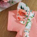 2pcs Baby Girl Solid Ribbed Short-sleeve Splicing Floral Print Ruffle Bowknot Romper Dress with Headband Set Pink