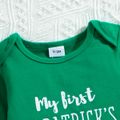 St. Patrick's Day 2pcs Baby Boy Four-leaf Clover and Letter Print Green Long-sleeve Romper with Plaid Overalls Set Green