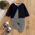 3pcs Baby Boy/Girl Long-sleeve Waffle Cardigan and Dots T-shirt with Striped Overalls Set Deep Blue