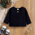 3pcs Baby Boy/Girl Long-sleeve Waffle Cardigan and Dots T-shirt with Striped Overalls Set Deep Blue