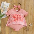 2pcs Baby Girl 95% Cotton Ribbed Short-sleeve Tie Dye Bowknot Romper with Headband Set Pink image 3