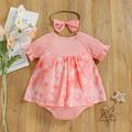 2pcs Baby Girl 95% Cotton Ribbed Short-sleeve Tie Dye Bowknot Romper with Headband Set Pink image 2