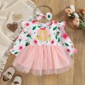 2pcs Baby Girl Letter and Floral Print Ruffle Long-sleeve Splicing Pink Mesh Dress with Headband Set Light Pink