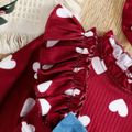 2pcs Baby Girl Allover Love Heart Ribbed Ruffle Long-sleeve Splicing Imitation Denim Bowknot Dress with Headband Set Red