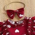 2pcs Baby Girl Allover Love Heart Ribbed Ruffle Long-sleeve Splicing Imitation Denim Bowknot Dress with Headband Set Red
