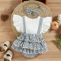 2pcs Baby Girl 95% Cotton Ribbed Ruffle-sleeve Bowknot Splicing Plaid Layered Romper with Headband Set White