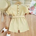 Toddler Girl Solid Color Short Puff-sleeve Belted Romper Pale Yellow