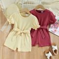 Toddler Girl Solid Color Short Puff-sleeve Belted Romper Pale Yellow