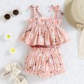 2pcs Baby Girl All Over Daisy Floral Print Spaghetti Strap Shirred Top and Shorts Set Pink