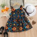 2pcs Toddler Girl Exotic Allover Print Bowknot Design Strap Dress and Straw Hat Set Multi-color