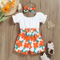 2pcs Baby Girl Lace Puff-sleeve Splicing Floral Print Belted Romper with Headband Set White