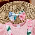 2pcs Baby Girl 95% Cotton Ribbed Ruffle-sleeve Faux-two Floral Print Layered Romper with Headband Set Pink image 3