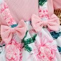 2pcs Baby Girl 95% Cotton Ribbed Ruffle-sleeve Faux-two Floral Print Layered Romper with Headband Set Pink image 5