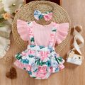 2pcs Baby Girl 95% Cotton Ribbed Ruffle-sleeve Faux-two Floral Print Layered Romper with Headband Set Pink image 2