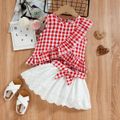 2pcs Toddler Girl Plaid Ruffled Sleeveless Blouse and Schiffy Design Belted Skirt Set Red