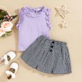 Mini Lady Toddler Girl 2pcs Solid Ruffle Decor Sleeveless Purple Top and Plaid Pleated Skirt Set Light Purple