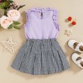 Mini Lady Toddler Girl 2pcs Solid Ruffle Decor Sleeveless Purple Top and Plaid Pleated Skirt Set Light Purple