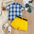 2pcs Baby Boy 95% Cotton Short-sleeve Plaid Shirt and Belted Shorts Set BLUEWHITE