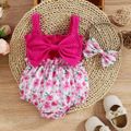 2pcs Baby Girl 95% Cotton Ribbed Bowknot Splicing Floral Print Sleeveless Romper with Headband Set Hot Pink image 1