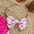 2pcs Baby Girl 95% Cotton Ribbed Bowknot Splicing Floral Print Sleeveless Romper with Headband Set Hot Pink image 4