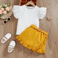 Mini Lady Toddler Girl 2pcs Dots Mesh Splice Flutter-sleeve White Top and Belt Decor Yellow Skirt Set White