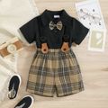 2pcs Toddler Boy Gentleman Suit, Bow tie Design Lapel Collar Shirt and Plaid Suspender Shorts Set Black