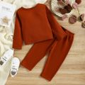 2pcs Toddler Girl Textured Twist Knot Long-sleeve Tee and Elasticized Brown Pants Set Brown