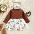 2pcs Baby Girl 95% Cotton Rib Knit Long-sleeve Faux-two Bow Front Allover Animal Print Dress with Headband Set Brown