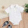 Baby Boy/Girl Solid Waffle Polo Neck Button Front Short-sleeve Romper White