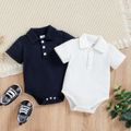 Baby Boy/Girl Solid Waffle Polo Neck Button Front Short-sleeve Romper White