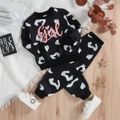 2pcs Toddler Girl Letter Print Black Pullover Sweatshirt and Elasticized Pants Set Black/White