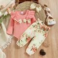 3pcs Baby Girl Rib Knit Ruffle Bowknot Long-sleeve Romper and Floral Print Paperbag Waist Belted Pants with Headband Set Pink image 1