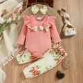 3pcs Baby Girl Rib Knit Ruffle Bowknot Long-sleeve Romper and Floral Print Paperbag Waist Belted Pants with Headband Set Pink image 3