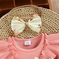 3pcs Baby Girl Rib Knit Ruffle Bowknot Long-sleeve Romper and Floral Print Paperbag Waist Belted Pants with Headband Set Pink image 5