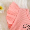2pcs Baby Girl Flutter-sleeve Letter Embroidered Rib Knit Splicing Butterfly & Leopard Print Knot Front Dress with Headband Set Brown
