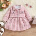 2pcs Baby Girl Button Front Pink Tweed Cardigan and Long-sleeve Spliced Dress Set Pink